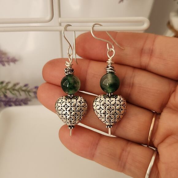 Natural Jade Stone Silver Heart Dangle Earrings - Picture 7 of 8